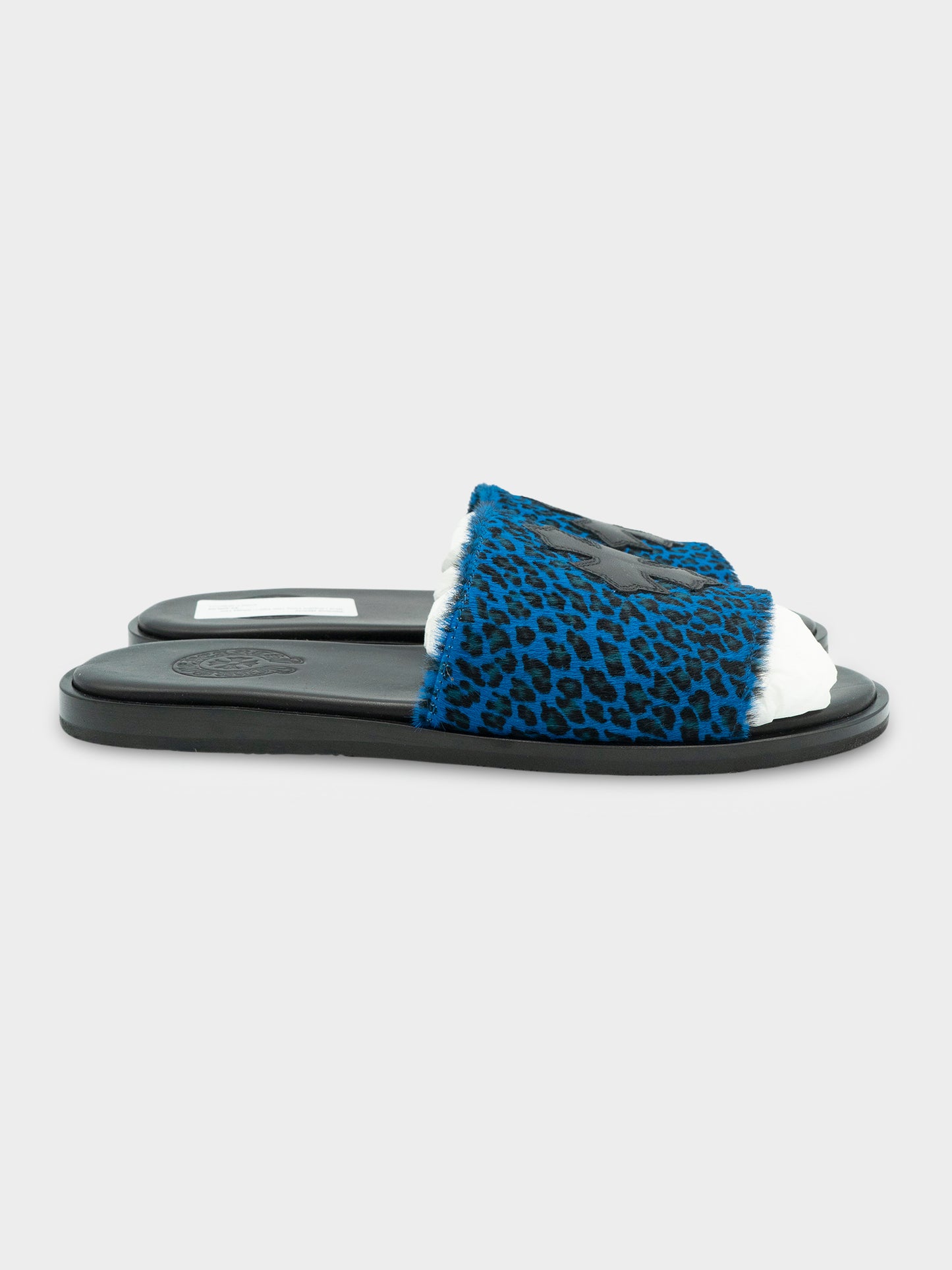 Blue Leopard Pony Hair Patch Slides