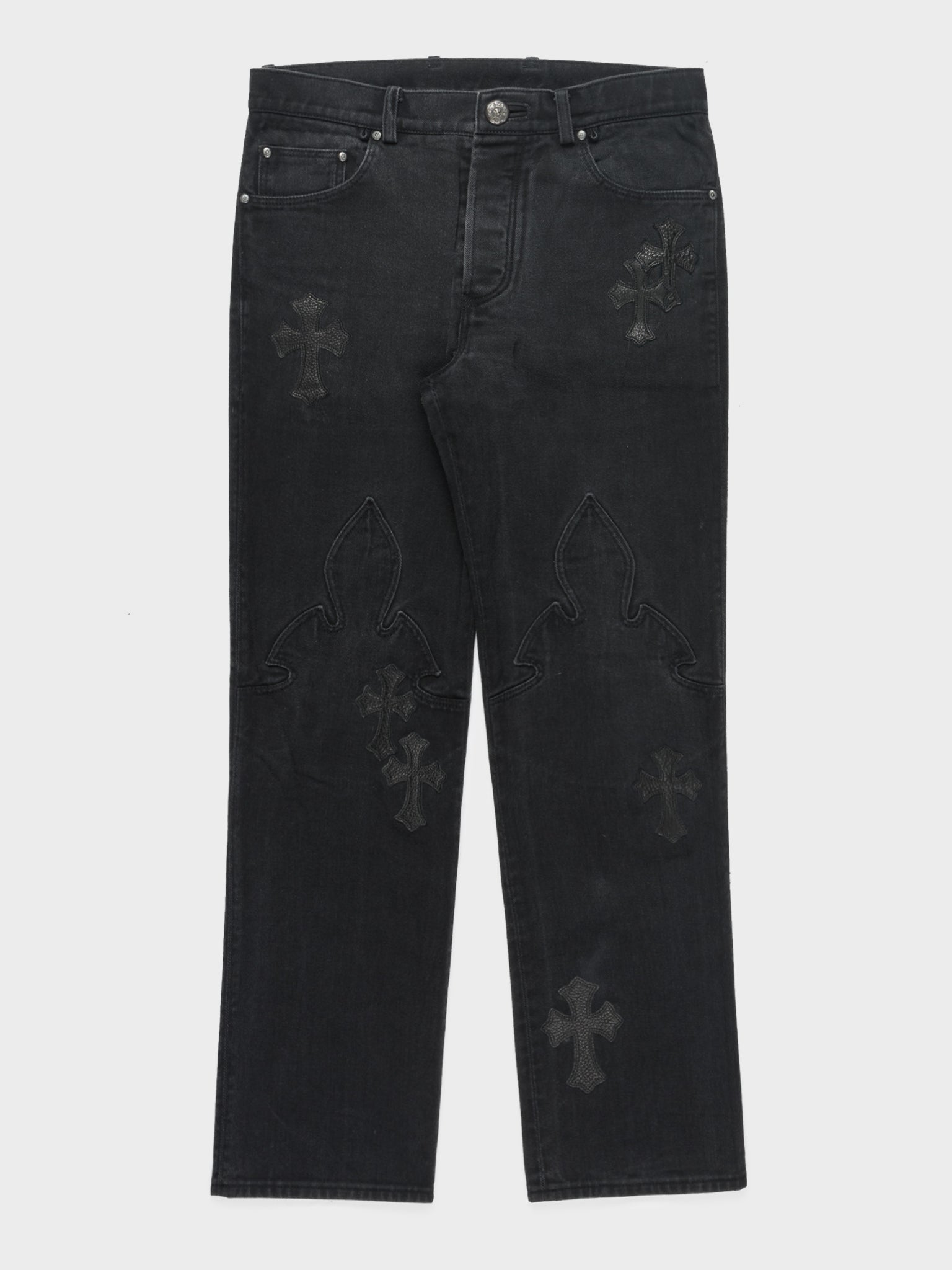 Chrome Hearts Pink & Checkered Cross Patch Fleurknee Jeans Black