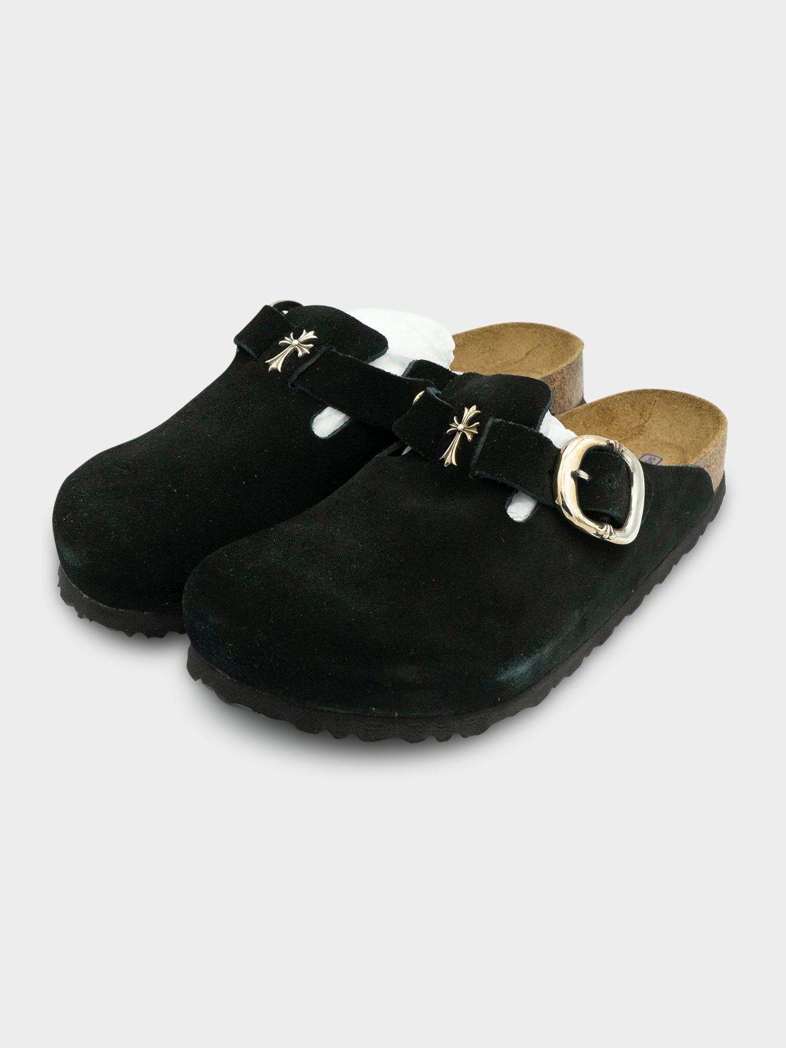 Black Birkenstock Bostons Chrome Hearts
