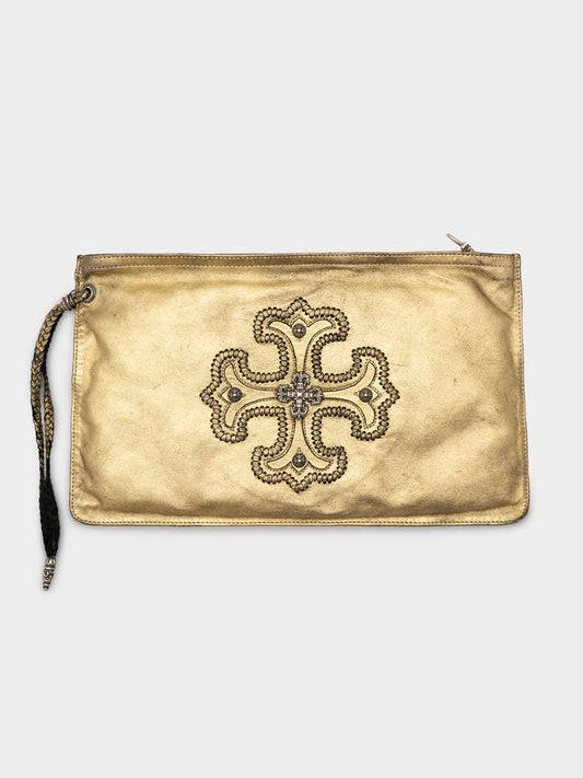 Gold Painted Leather Filigree Pouch