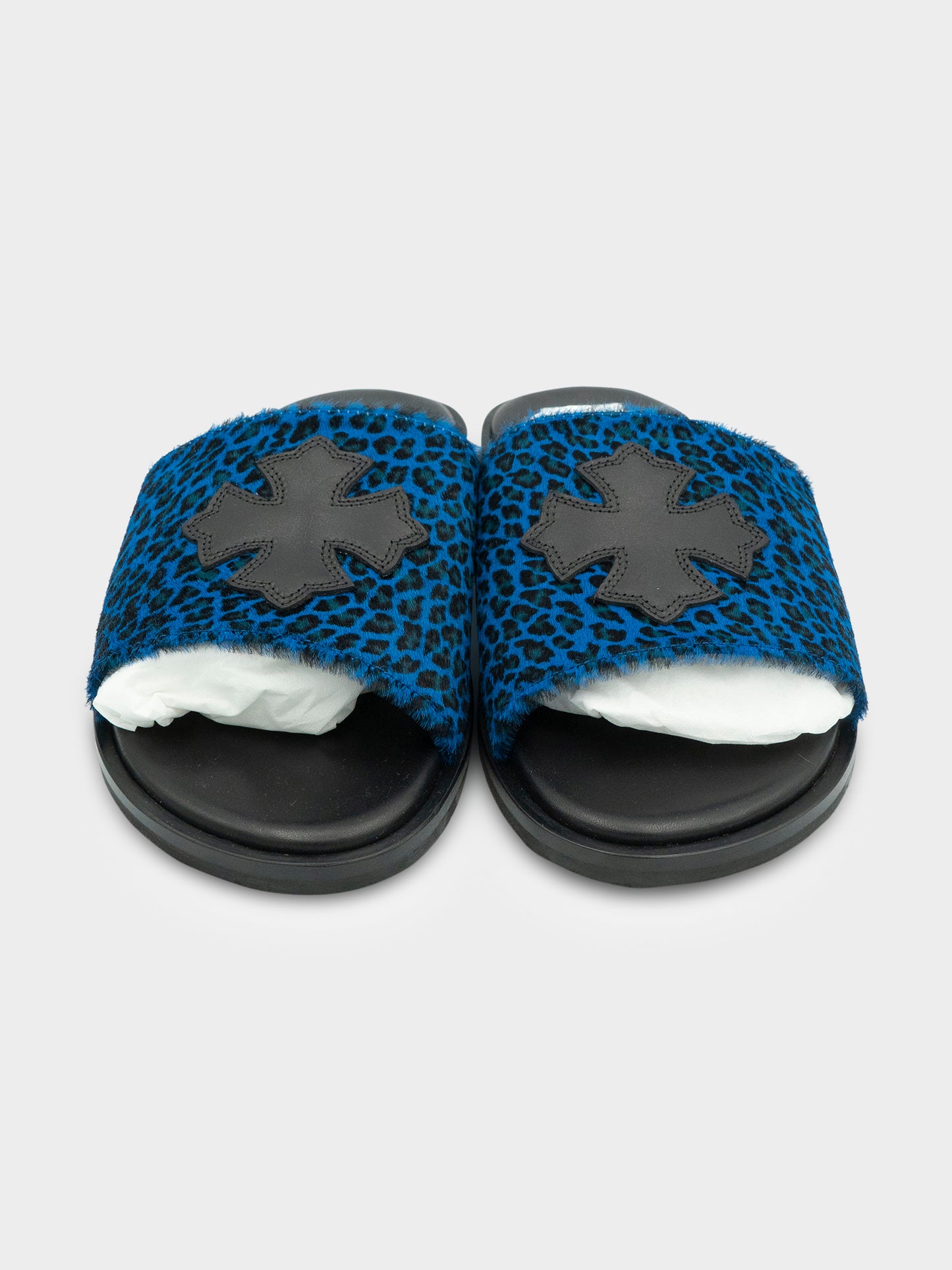 Blue Leopard Pony Hair Patch Slides