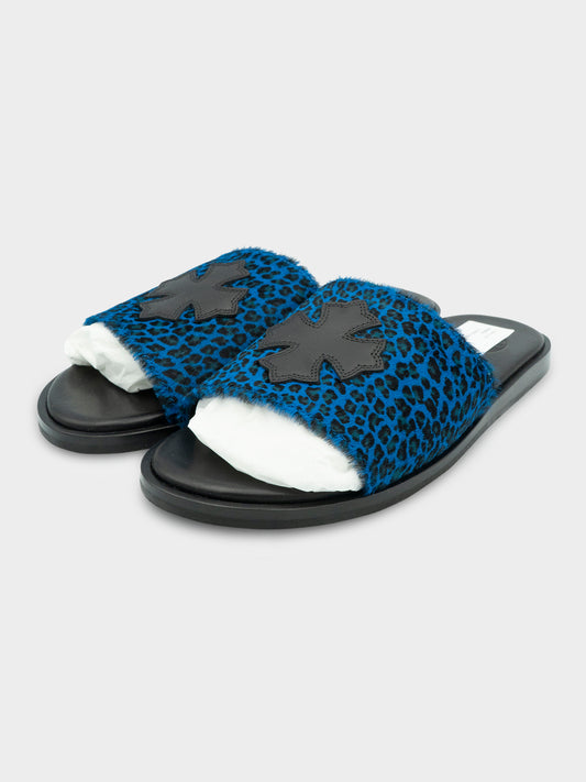 Blue Leopard Pony Hair Patch Slides