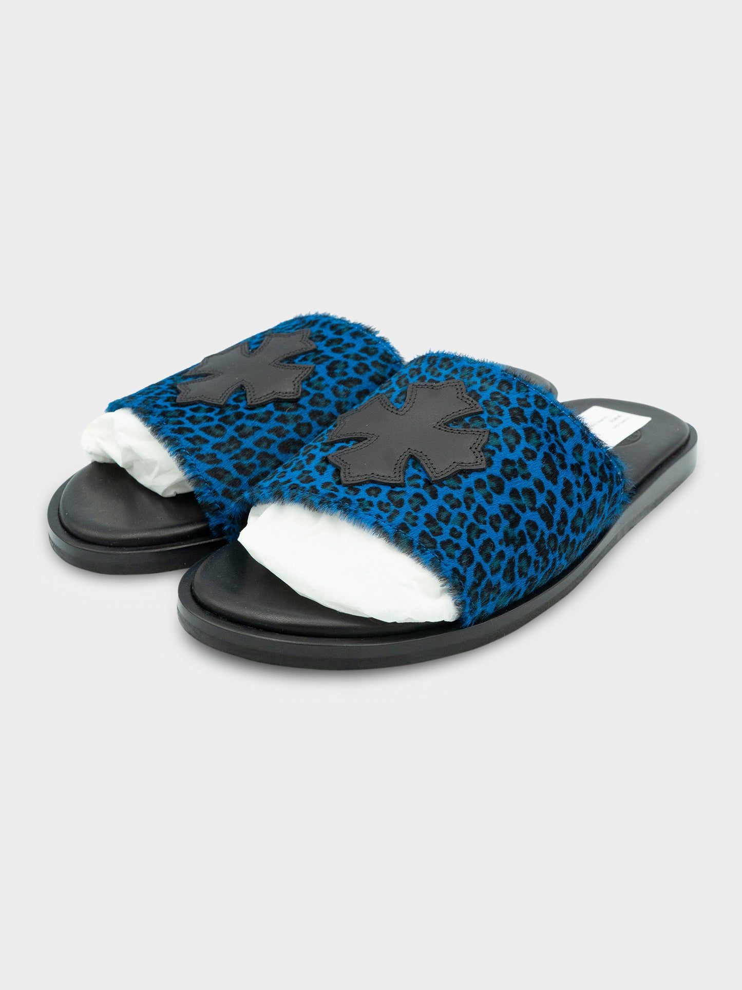 Blue Leopard Pony Hair Patch Slides