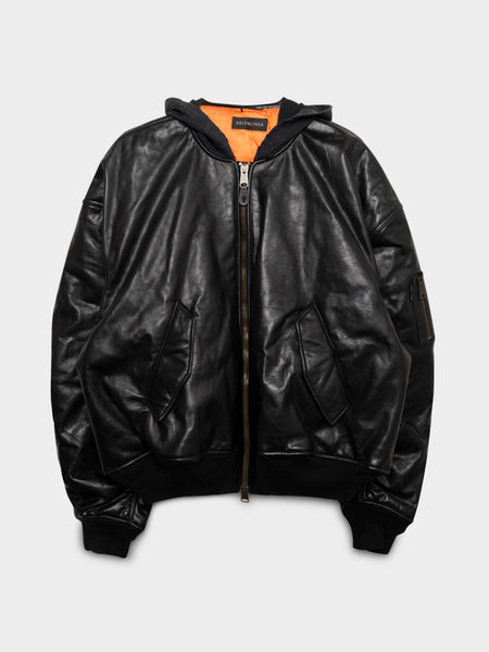 Balenciaga: Hooded Leather Bomber Jacket | Groupie