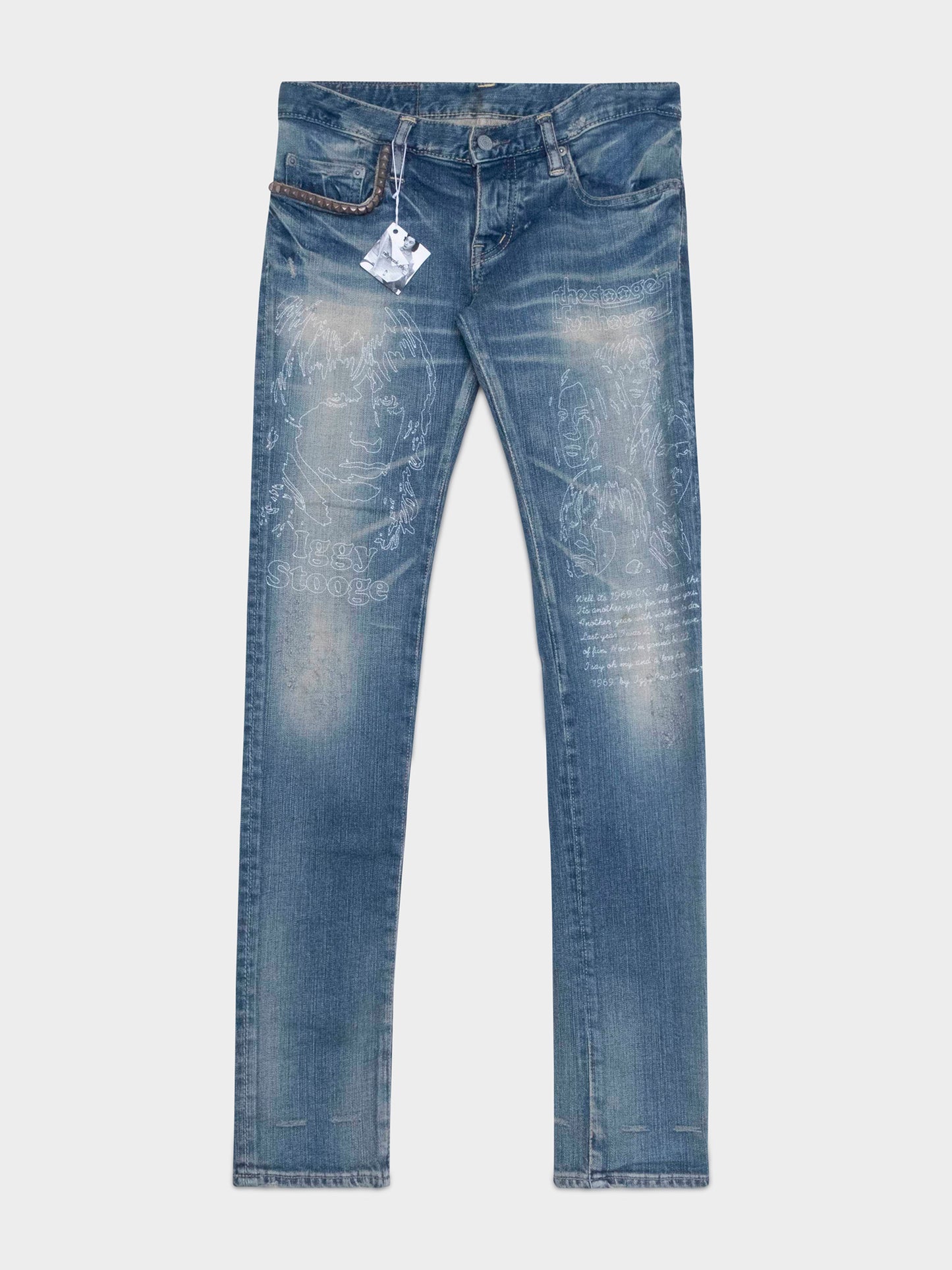 White Embroidered Face Jeans